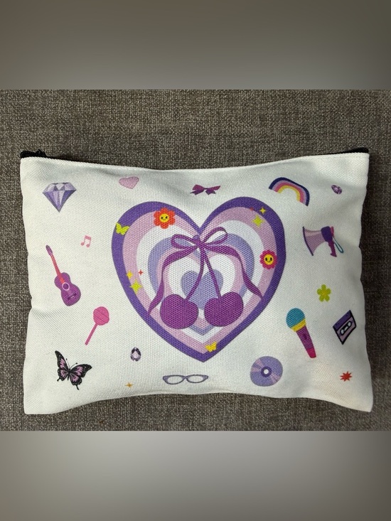 Handbags - Purple Heart Cherry Graphic Organizer Zipper Pouch. NWOT (Material type; Canvas)